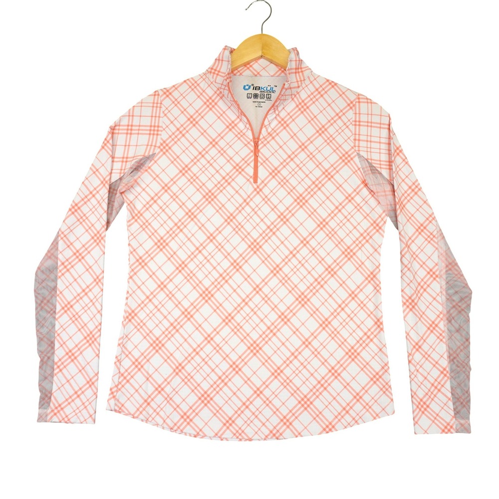 IBKUL Quarter Zip Women Small Pink Plaid Mesh UPF 50+ Long Sleeve Performance